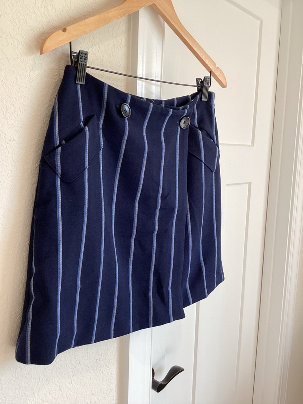 Anthropologie A-Line Mini Skirt Maeve Wrap New Navy Blue Pinstripe Small - Picture 7 of 13